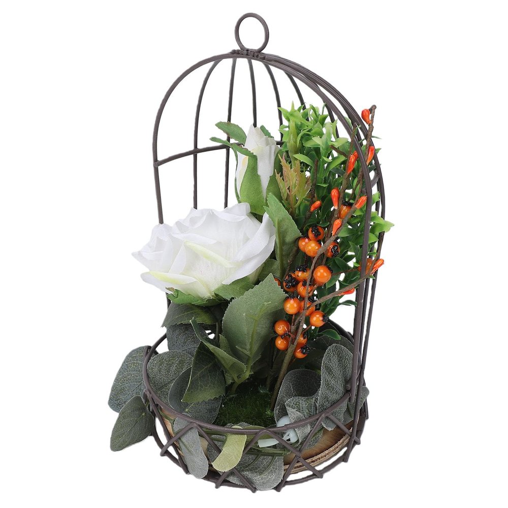Aramox Birdcage Flowerpot Metal Flower Holder with Polished Finish Plant Display Candle Holder for Weddings Festivals and Home Decor Centerpiece for Tabletop Use (White Vinesh Rose)
