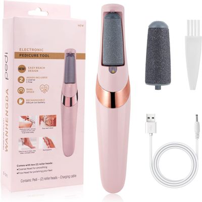 Electric Callus Remover for Feet, Rechargeable Electronic Pedicure Tool with 2 Replaceable Roller Heads, Dual Speed Foot File, Heel Scrubber for Dry Cracked Skin Removal, Pink