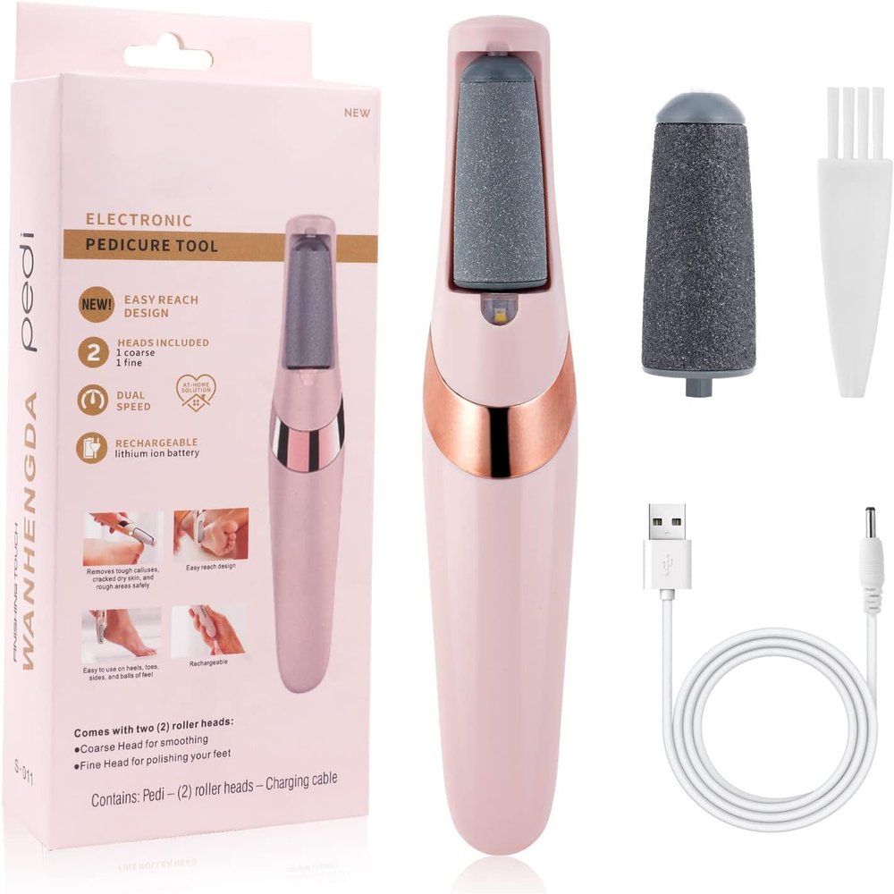 Electric Callus Remover for Feet, Rechargeable Electronic Pedicure Tool with 2 Replaceable Roller Heads, Dual Speed Foot File, Heel Scrubber for Dry Cracked Skin Removal, Pink