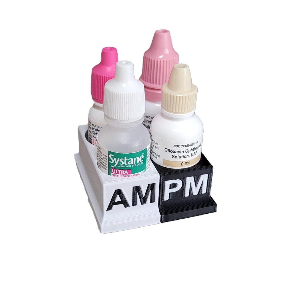 Znet3D AM PM Eye Drop Organizer Morning & Evening Eye Drop Bottle Holder Daily Eye Care Routine System Available in 2, 4 or 6 Slot Capacity, White/Blue, 4 Bottle