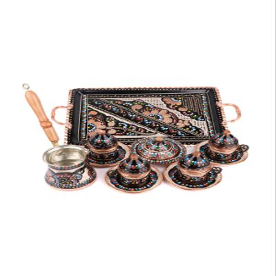 SODEF Copper Enamel Coffee Set for 4 People, 12+ Piece Retro Turkish Coffee Set, 60ml Cups - Multicolor