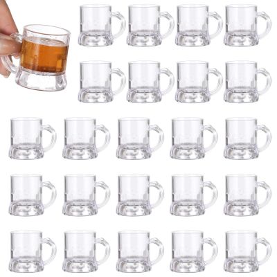 24 Pcs Mini Plastic Beer Mugs, 2 oz Small Shot Glasses with Handles, Clear Beer Tasting Glasses for Beer, Whiskey, Juice Cups for Party, Wedding