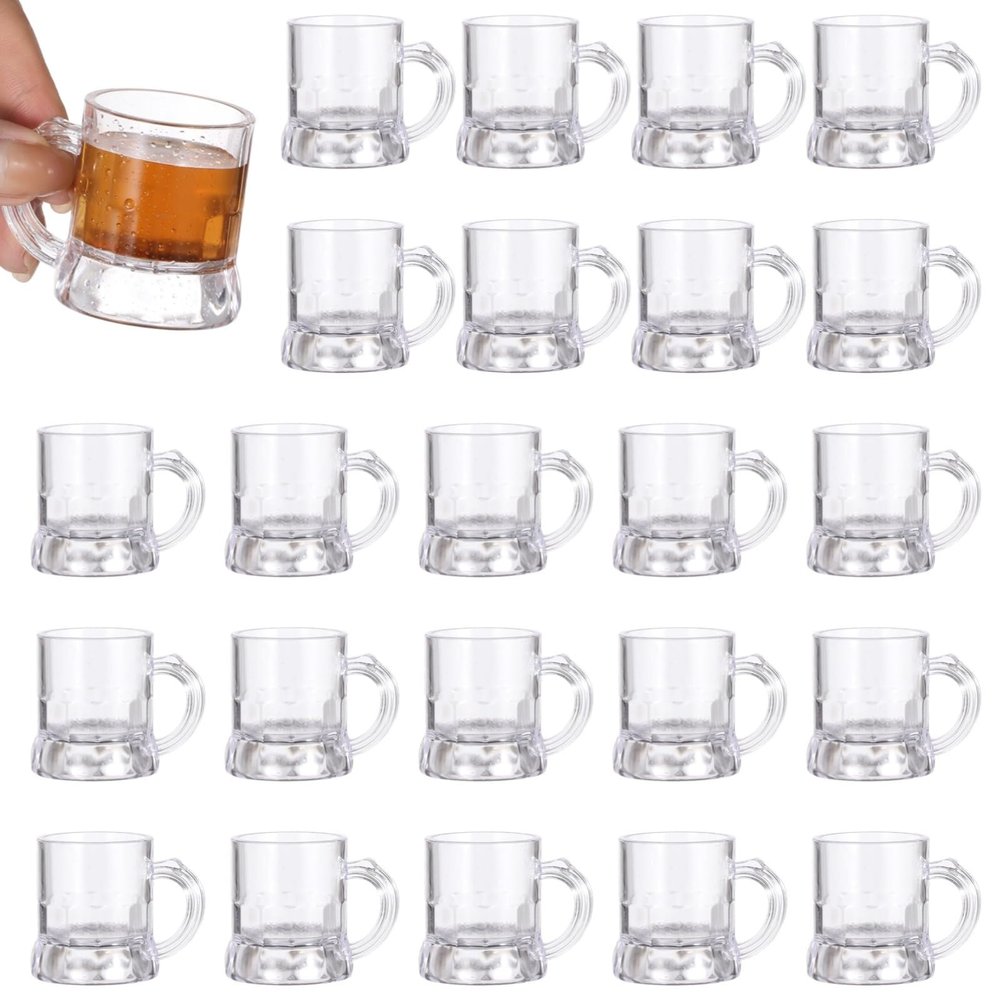 24 Pcs Mini Plastic Beer Mugs, 2 oz Small Shot Glasses with Handles, Clear Beer Tasting Glasses for Beer, Whiskey, Juice Cups for Party, Wedding
