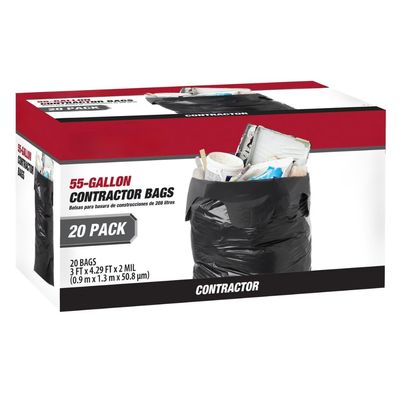 55 Gallon Flap Tie Contractor Bags, 2 Mil Thick Large Trash Bags, Multipurpose Clean-Up Bags for Home, Garage, Yard, Workshop, Storage and General Cleanup, 20 Count