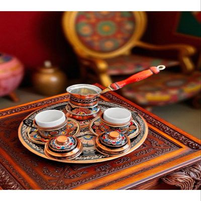 SODEF 2-Person Turkish Coffee Set - Engraved Copper Cups, Cezve, and Tray, Traditional Erzincan Design - Multicolor