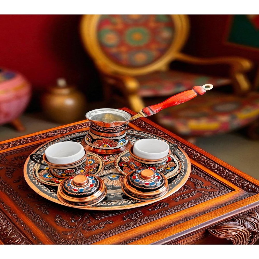 SODEF 2-Person Turkish Coffee Set - Engraved Copper Cups, Cezve, and Tray, Traditional Erzincan Design - Multicolor