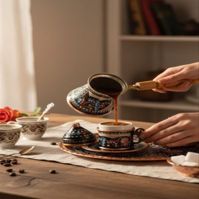 Personalized Copper Turkish Coffee Cup Set Erzincan Mine Art 1 Person Tray Cezve Lokumluk - Unique Handmade Gift - Multicolor