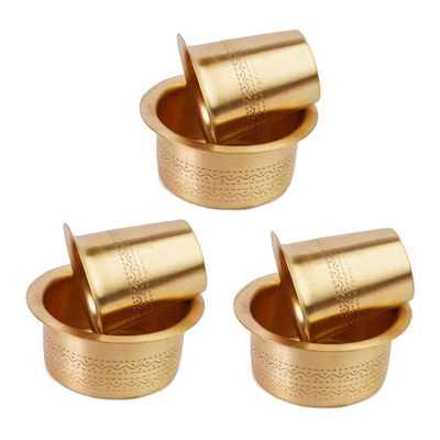 Brass Coffee Dabara Set with Tumbler | Traditional Kumbakonam Coffee Cup & Dawara for Filter Coffee & Tea | Matt Finish | 120 ml | Pack of 3