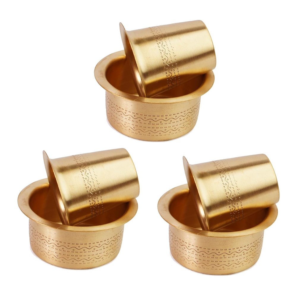 Brass Coffee Dabara Set with Tumbler | Traditional Kumbakonam Coffee Cup & Dawara for Filter Coffee & Tea | Matt Finish | 120 ml | Pack of 3