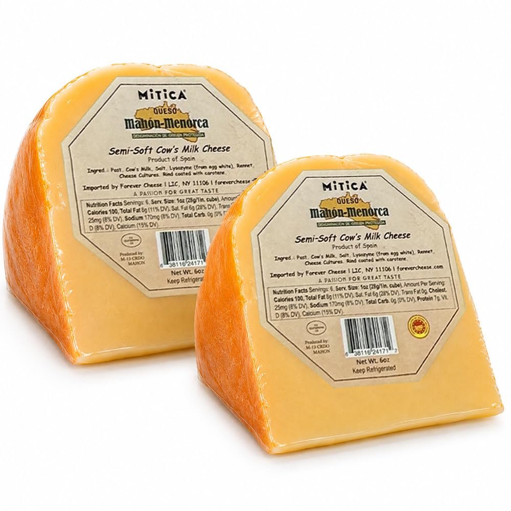 Mahn-Menorca D.O.P. Cheese Wedges 12 oz (2 Wedges) | Spanish Cow's Milk Cheese | Imported from Menorca, Spain | Naturally Aged 4 Months | Rich Buttery Flavor | Charcuterie Boards, Tapas & Cooking