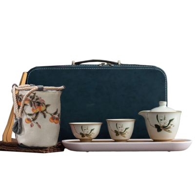 Outdoor integrated one pot and two cups household fresh Kung Fu tea set-Magnolia Magpie