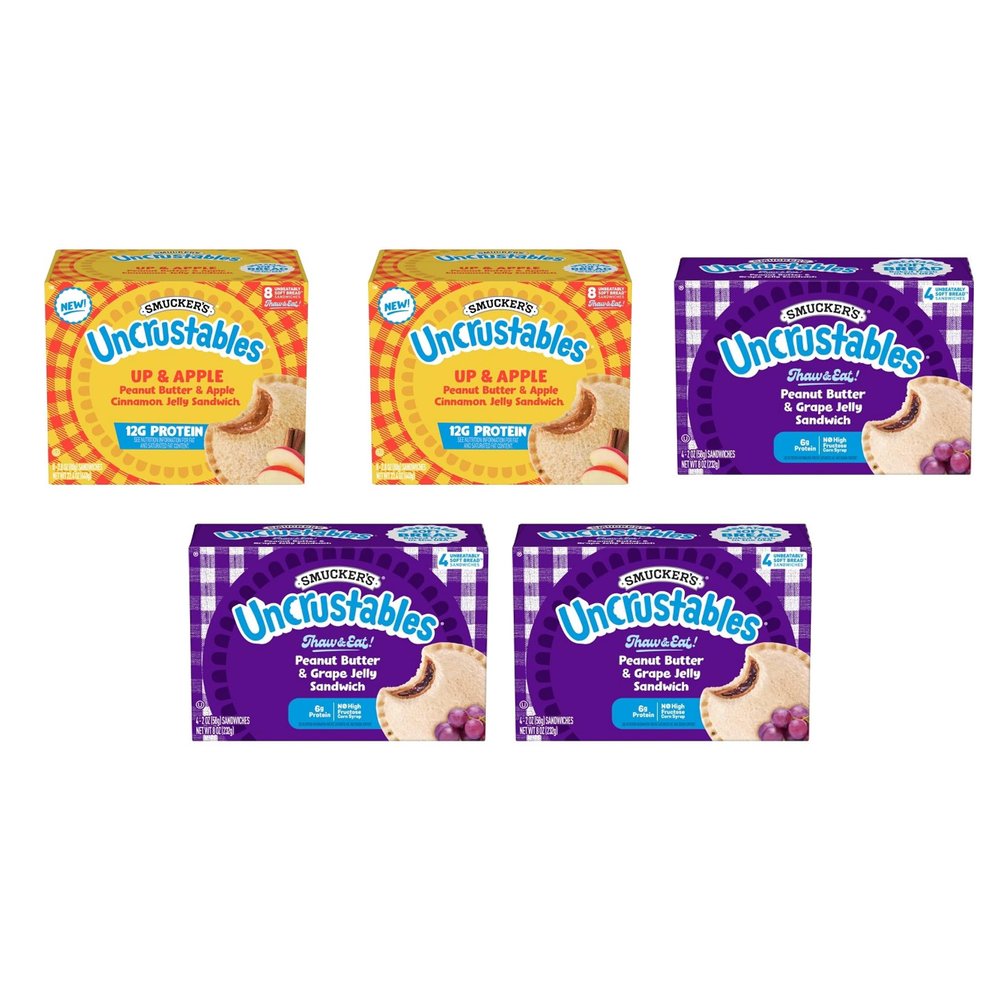 Smucker's Uncrustables Frozen Sandwich Variety Pack, Peanut Butter & Apple Cinnamon Jelly 12g Protein and Peanut Butter & Grape Jelly, 24 Count