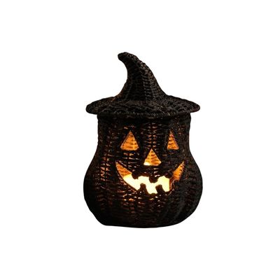 Halloween Pumpkin Lantern Decor, Handwoven Seagrass Jack O Lantern Decor with Witch Hat, Rustic Wicker Candy Holder for Tabletop Shelf Mantel Party Trick or Treat Home Halloween Decoration (G)