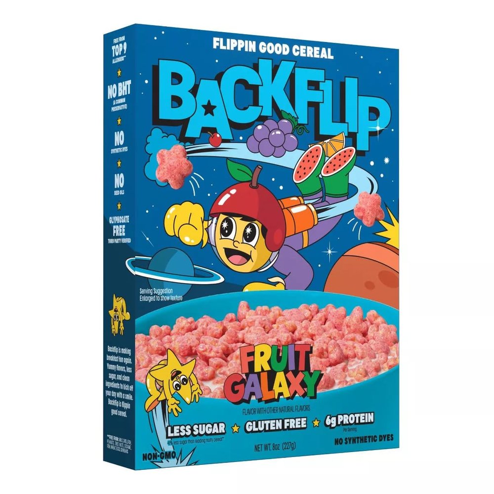 Backflip Fruit Galaxy Breakfast Cereal,Crunchy Fruity Stars with 6g Protein Per Serving, 8 oz