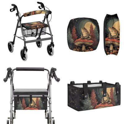 Wetoricau Frog Mushroom Forest Print Rollator Walker Seat Cover & Backrest Cover with Under Seat Storage Bag 3-Piece Soft Washable Accessories Set, Easy Install for Seniors