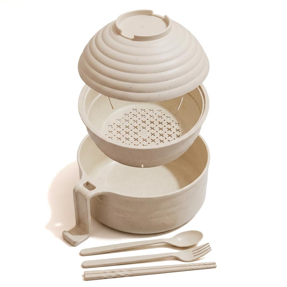 Lyzucf Microwave Noodle Bowl Set, 35 OZ Instant Noodle Cooker with Lid, Drain Strainer Bowl, Spoon Chopsticks Fork, Plastic Noodle Bowl for Dorm Office Camping (Beige)