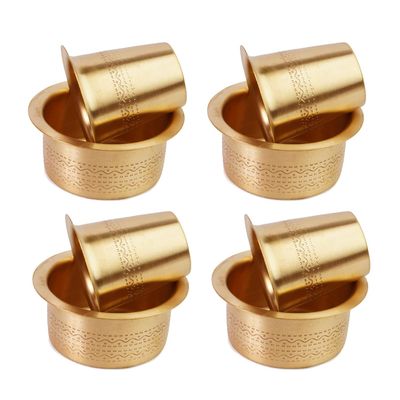 Brass Coffee Dabara Set with Tumbler | Traditional Kumbakonam Coffee Cup & Dawara for Filter Coffee & Tea | Matt Finish | 120 ml | Pack of 4