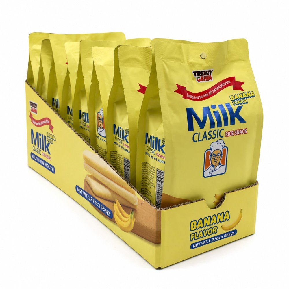 TRENZY GAHM Milk Classic Rice Crackers, Non-Fried Rice Snack, Individually Wrapped Crispy Lunch Box Snack, 8 Packs (Box, Banana)