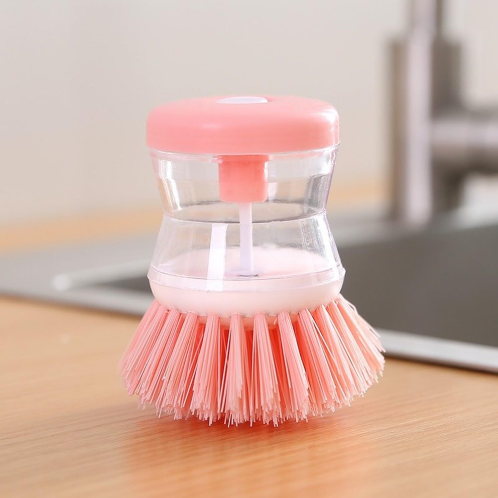 Cleaning Brush with Detergent Dispenser, Dish Brush, Purple/Pink/Green