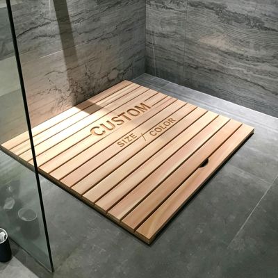 ZWBQZFYK 1-2/5 Inch Thickened Wooden Bath Mat for Pool/Sauna Room, 12-36 Inch Wood Shower Mat with Handle, Customizable Floor Pad for Inside Platform