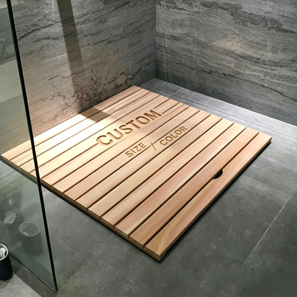 ZWBQZFYK 1-2/5 Inch Thickened Wooden Bath Mat for Pool/Sauna Room, 12-36 Inch Wood Shower Mat with Handle, Customizable Floor Pad for Inside Platform