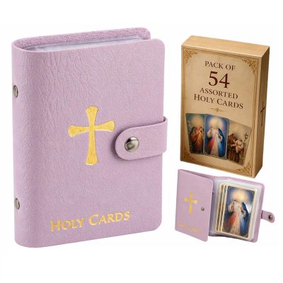 Catholic Prayer Card Holder with 54 Holy Cards, Premium PU Leather Pocket Organizer Book with Snap Closure for Daily Devotion, Religious Gifts for Men and Women (Lavender)