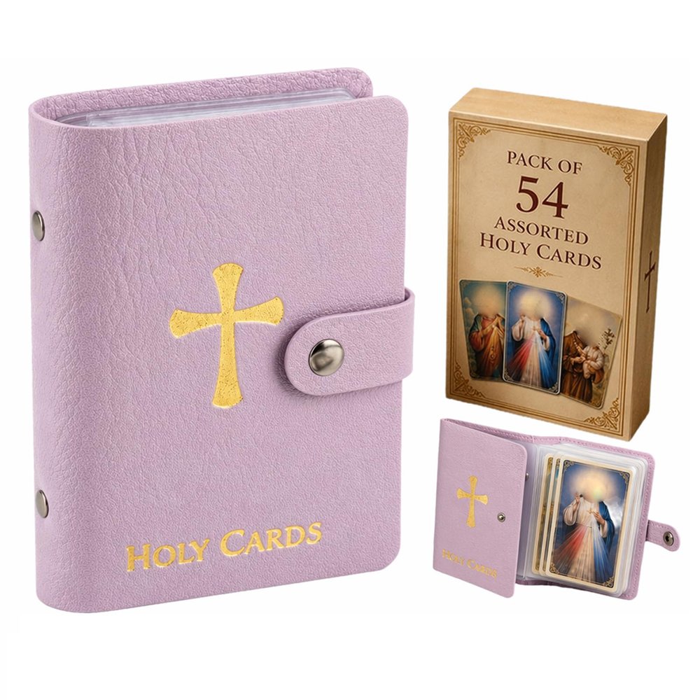 Catholic Prayer Card Holder with 54 Holy Cards, Premium PU Leather Pocket Organizer Book with Snap Closure for Daily Devotion, Religious Gifts for Men and Women (Lavender)
