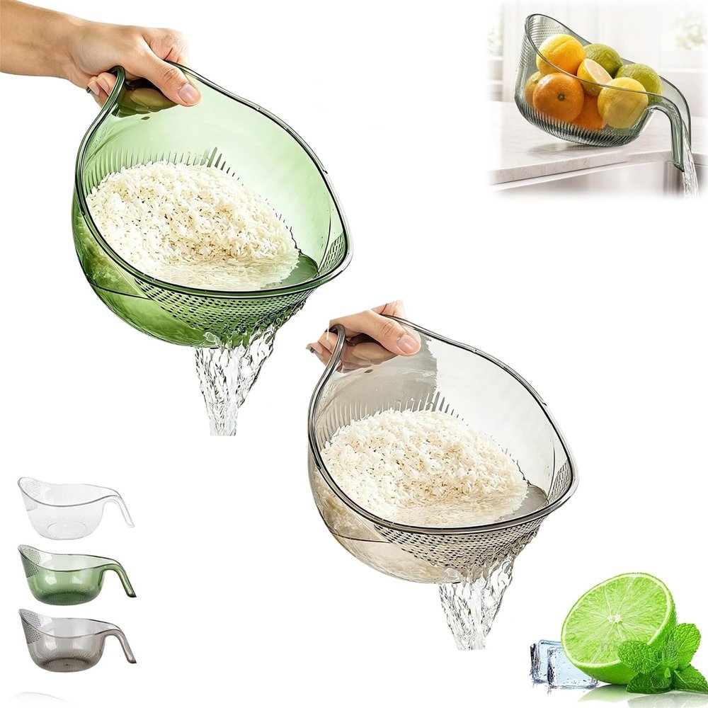 Multifunctional Fruit and Rice Washing Bowl - With Strainer and Handle, Premium Kitchen Strainer with Bonus Silicone Scraper, Perfect for Rinsing Grains, Vegetables and Fruits