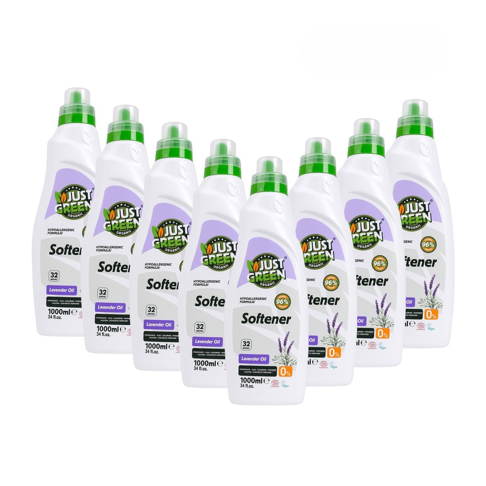 JUST GREEN ORGANIC Fabric Softener, Plant-Based Liquid Fabric Softener, Non-Toxic, Hypoallergenic, EcoCert Certified, Vegan, Natural Lavender Scent, 32 Washes, 33.8 fl oz (1000 ml) - 8 Pack