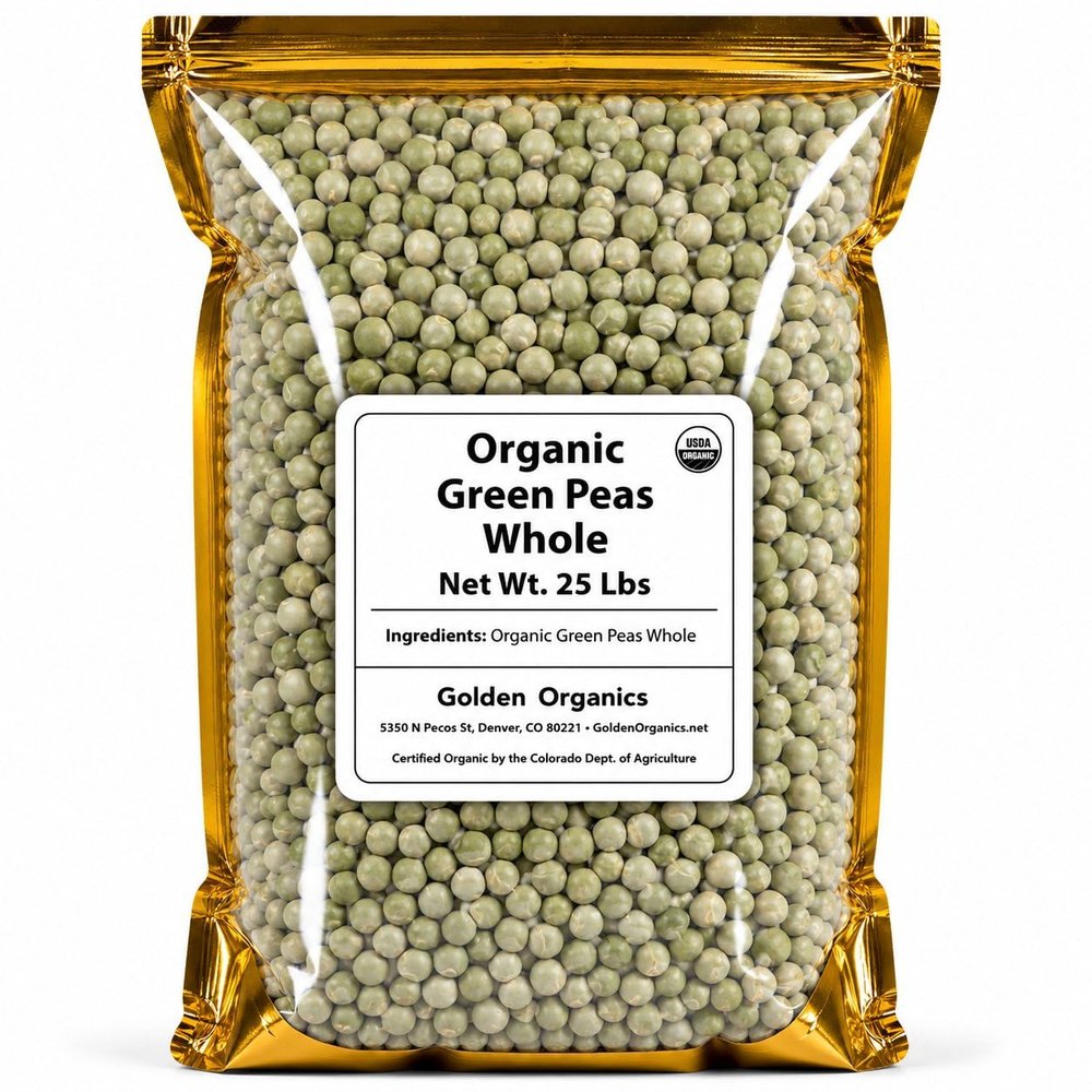 Golden Organics Whole Green Pea, Organic Whole Legume, 25 Lbs, Perfect for Soups and Stews, Ideal for Chefs, Bulk Size for Professional Use
