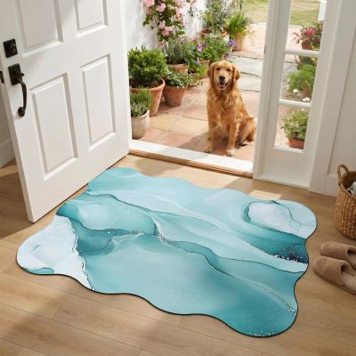 Diatomaceous Earth Bath Mat 16"x24", Turquoise Marble Absorbent Scalloped Bathroom Rugs with Non-Slip Backing Rubber, Low-Profile Doormat for Kitchen Sink Indoor Modern Abstract Art Texture Watercolor