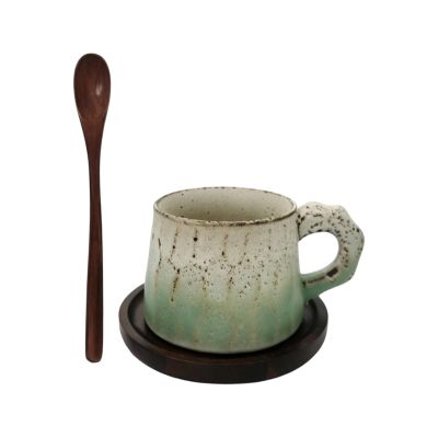 Tsophreniq Speckled Ceramic Coffee Set with Saucer & Wooden Spoon, 300ml Mug for Morning Latte, Tea & Gift