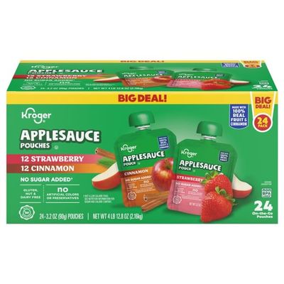 No Sugar Added Assorted Strawberry & Cinnamon Applesauce Pouches, 3.2 oz, 24 Pouches