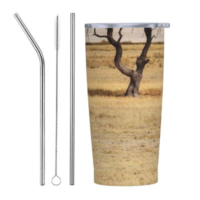 Huganjov Large Acacia Tree In The Savanna Plains 20oz Travel Mug Stainless Steel Straw Kit, Straight & Bent Straws With Cleaning Brush