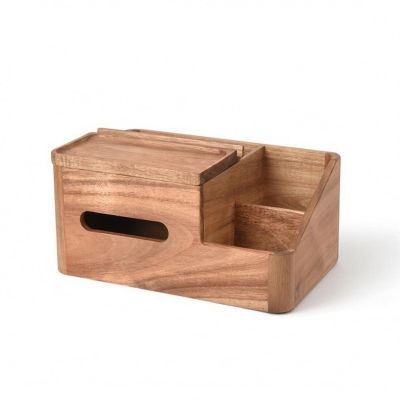 predolo Desktop Tissue Box Organizer with Phone Stand Functional Tissue Holder Space Saving Desktop Storage Box with Side Organizer for Desk, Acacia Wood