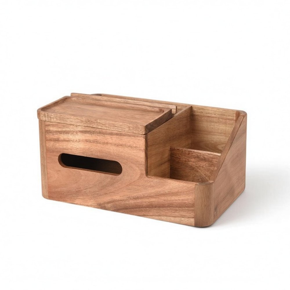 predolo Desktop Tissue Box Organizer with Phone Stand Functional Tissue Holder Space Saving Desktop Storage Box with Side Organizer for Desk, Acacia Wood