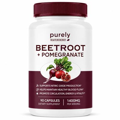 PURELYNUTRIENT Beetroot + Pomegranate Capsules, 1400mg Per Serving, Supports Daily Wellness, Energy & Stamina, Beet Root Capsules for Men & Women, 90 Capsules