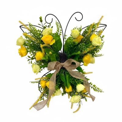 Decorative Hanging Frame Faux Flower Wreath Door Garland Wall with Silk Blossoms Iron Frame Ribbon Bow Butterfly s Suitable for Porch Door entryway Home Decor 40x36cm