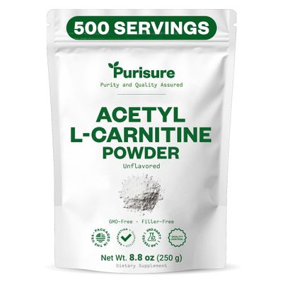 Purisure Acetyl L-Carnitine Powder, 250g, ALCAR Powder, Amino Acid Supplement, Acetyl L-Carnitine Supplement for Better Cognitive Performance and Muscular Endurance, Gluten Free, Non-GMO, 500 Servings