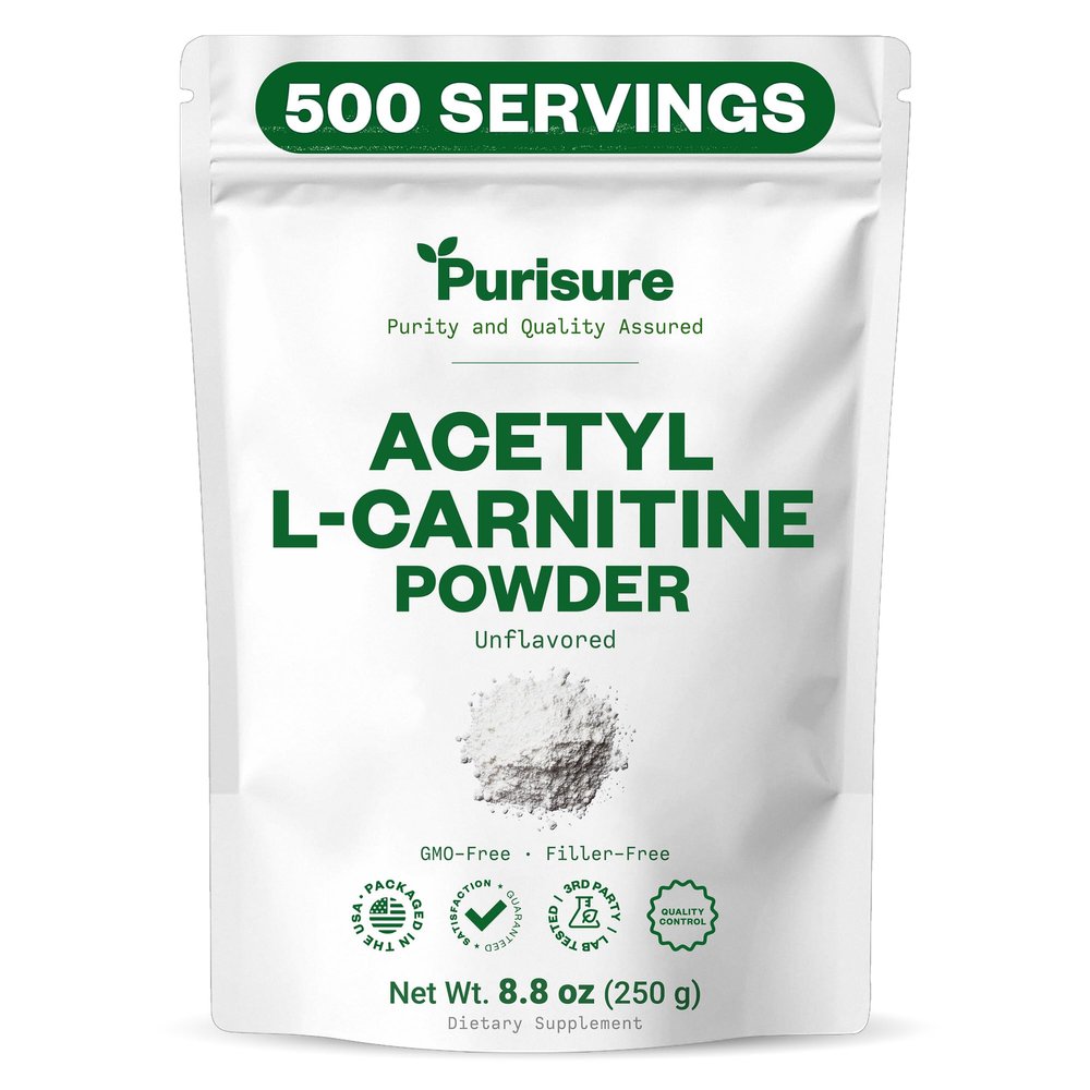 Purisure Acetyl L-Carnitine Powder, 250g, ALCAR Powder, Amino Acid Supplement, Acetyl L-Carnitine Supplement for Better Cognitive Performance and Muscular Endurance, Gluten Free, Non-GMO, 500 Servings