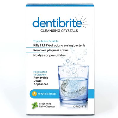 Dentibrite Crystals Cleaner for Removable Dental Appliances - Invisalign Aligners, Retainers, Guards, Dentures, Trays/Aligners - Odor Remover - No Persulfates or Dyes - 30ct - Made in USA