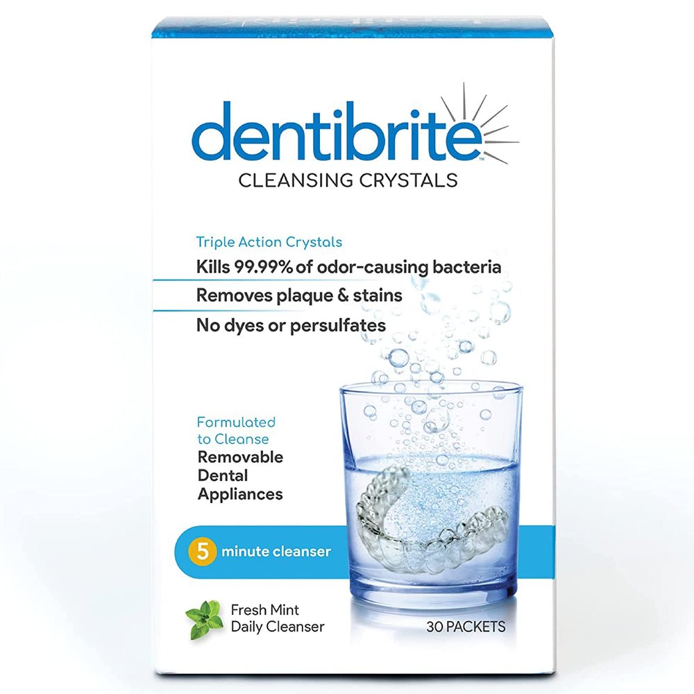Dentibrite Crystals Cleaner for Removable Dental Appliances - Invisalign Aligners, Retainers, Guards, Dentures, Trays/Aligners - Odor Remover - No Persulfates or Dyes - 30ct - Made in USA
