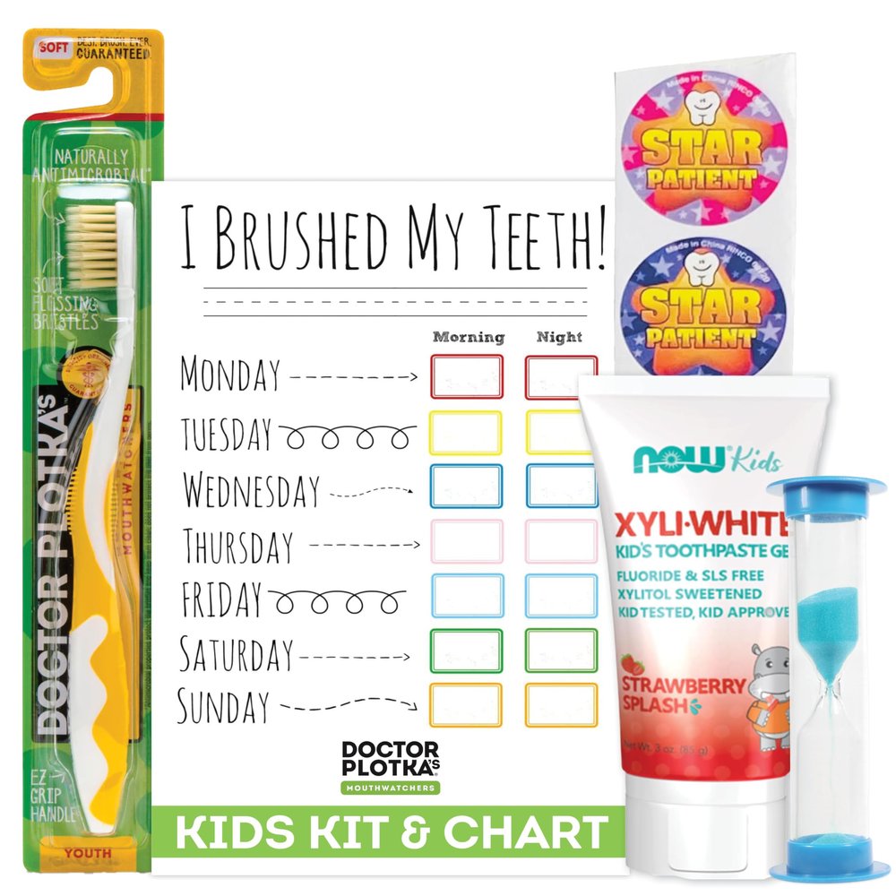 MOUTHWATCHERS Childrens Dental Care Kit: Toothbrush for Kids, 3 oz Strawberry Fluoride Free Toothpaste, Dry Erase Checkboard, Timer, Stickers, Manual Flossing Toothbrushes Gift Set, by Dr. Plotka's
