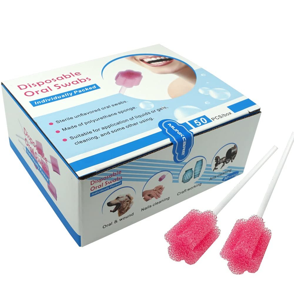 MUNKCARE Disposable Oral Foam Swab with Mint Flavored, Individually Wrapped, Red, Box of 50 Counts