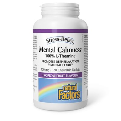 Stress-Relax Chewable Suntheanine L-Theanine 100 mg by Natural Factors, Non-Drowsy Stress Support for Mental Calmness and Relaxation, Tropical Fruit Flavor, 120 Tablets