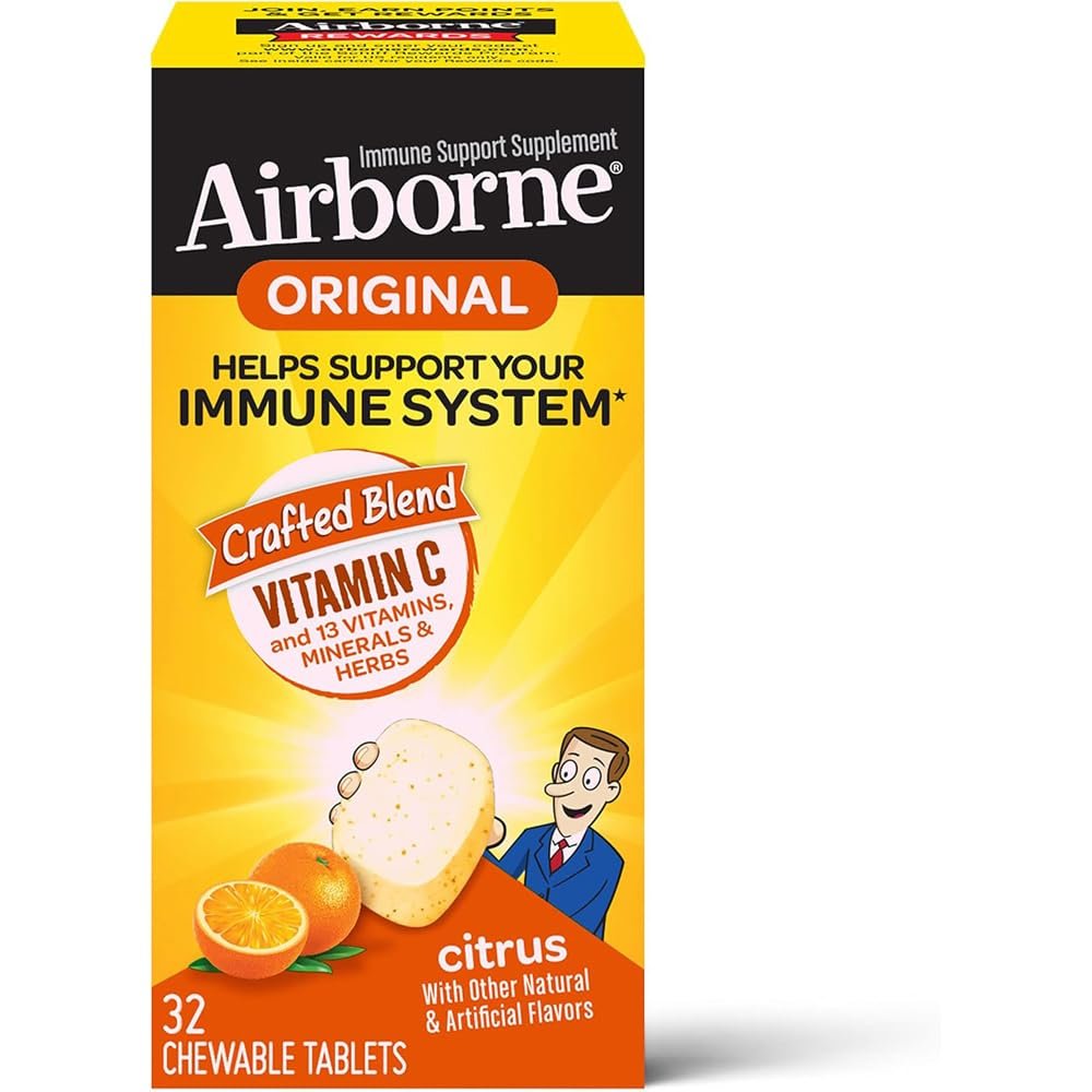Airborne Citrus Chewable Tablets, 32 count - 1000mg of Vitamin C - Immune Support Supplement (Packaging May Vary) ( Pack of 2)