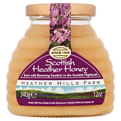 Heather Hills Farm Raw Scottish Heather Honey Jar 340g (12oz) - Highland Wild-flowering Purple Ling Heather Artisanal Pure Natural Honey, Traditional British Food Gift & Spread, Made in Scotland