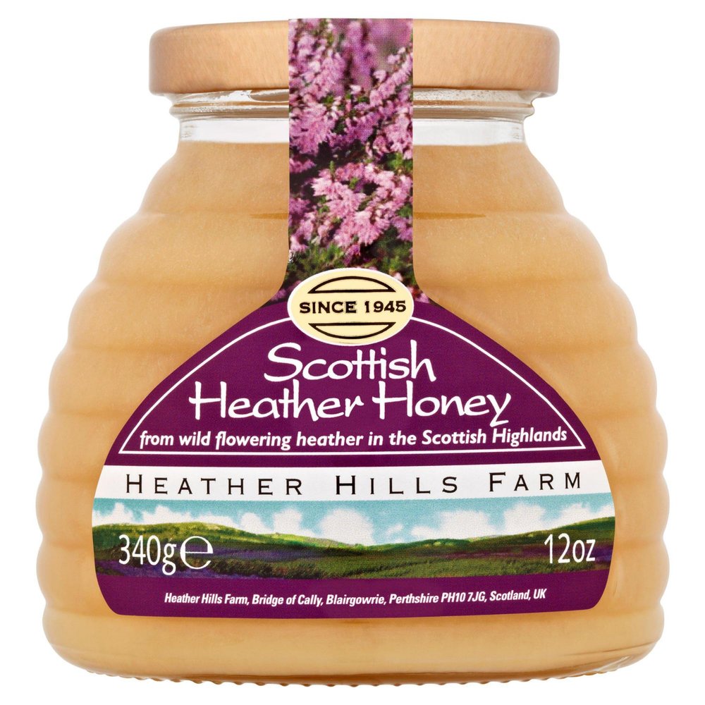 Heather Hills Farm Raw Scottish Heather Honey Jar 340g (12oz) - Highland Wild-flowering Purple Ling Heather Artisanal Pure Natural Honey, Traditional British Food Gift & Spread, Made in Scotland