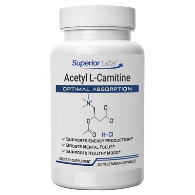 Superior Labs Acetyl L-Carnitine 500 mg, High Potency ALCAR, Pure Non-GMO, Zero Synthetic Additives, Maximum Absorption, Energy & Fat Metabolism, Brain, Nerve & Cellular Detox Support, (200 Veg Caps)