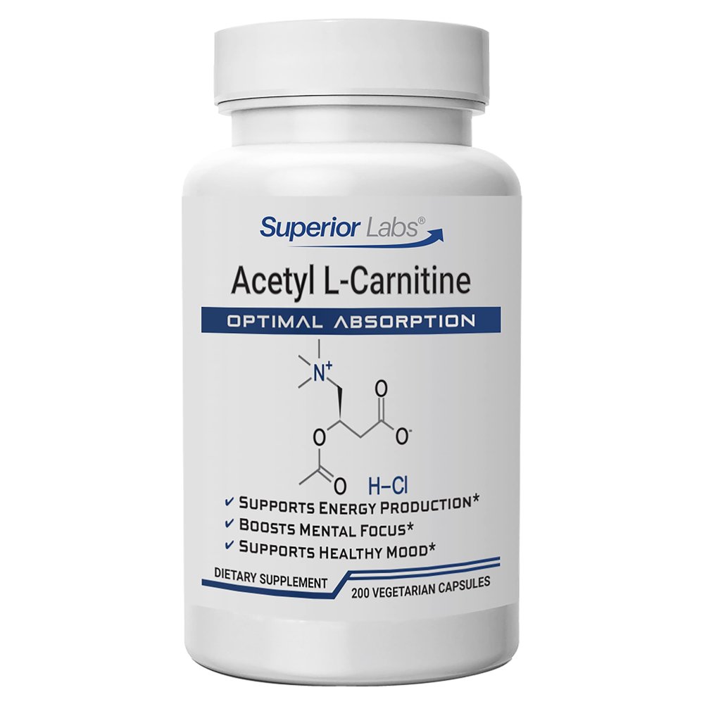 Superior Labs Acetyl L-Carnitine 500 mg, High Potency ALCAR, Pure Non-GMO, Zero Synthetic Additives, Maximum Absorption, Energy & Fat Metabolism, Brain, Nerve & Cellular Detox Support, (200 Veg Caps)